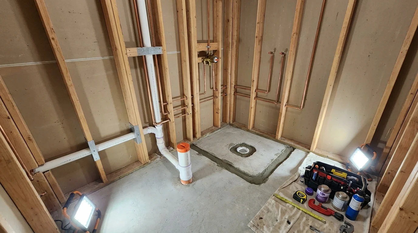 Bathroom rough-in plumbing during remodel by Johns Plumbing LLC in Stetson