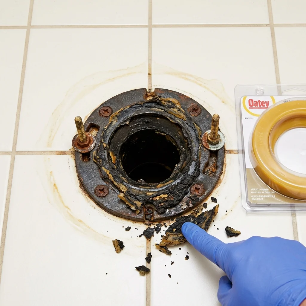 Failed wax ring showing water seepage at the base of a toilet in a Stetson, ME home
