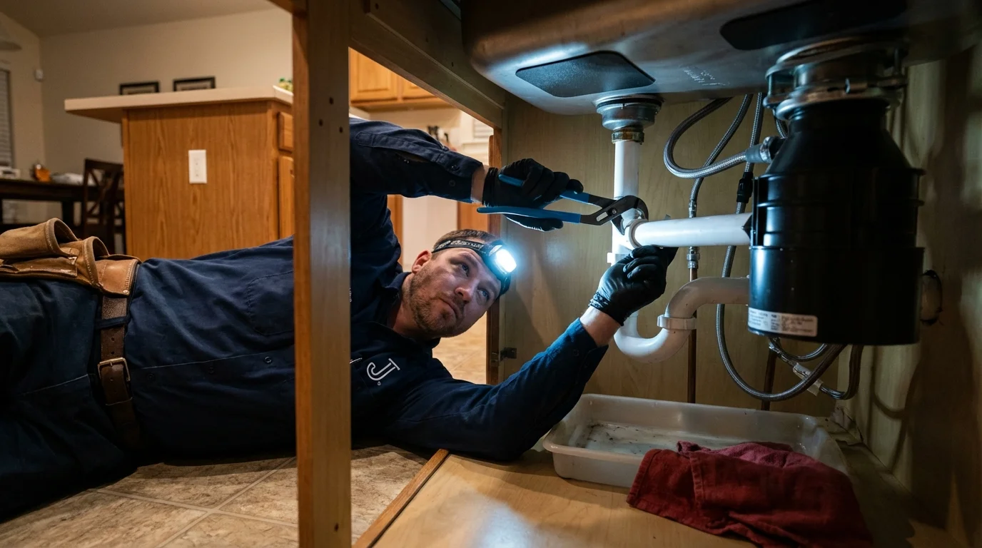P-trap and supply line connections under a kitchen sink showing a common leak point in Stetson, ME